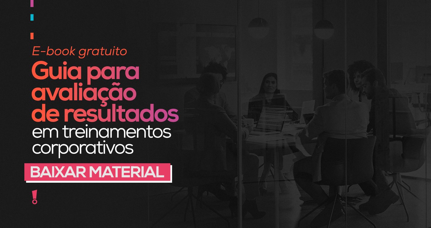 pessoas em uma sala de reunião corporativa em fundo preto e o seguinte texto escrito em rosa "E-book gratuito - Guia do treinamento corporativo"